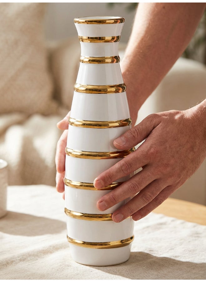 ايست من نون Ceramic Vase for Floral Decorative arrangement, Ht-40 cm |  Gold White Color | Ribbed Rays Design | Size -9.5x9.5x40.2 cm | Perfect for decorativing your living room, Ideal for decorating coffee table, dinning table, console table or any office or living space - Image 4